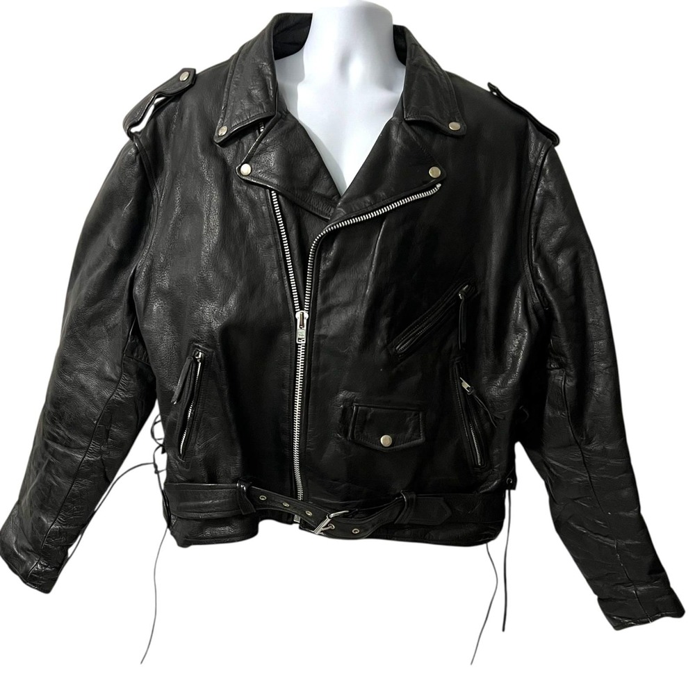 First Genuine Leather Mens Black Biker Motorcycle Jacket‎ Lace Up Sides Size XXL